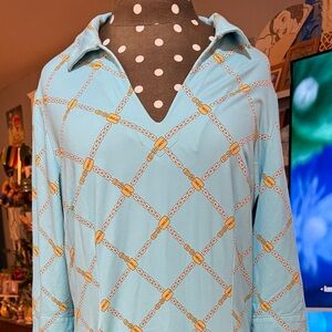 J McLaughlin baby Blue and Gold Chain Pattern Dress Large super soft and comfy